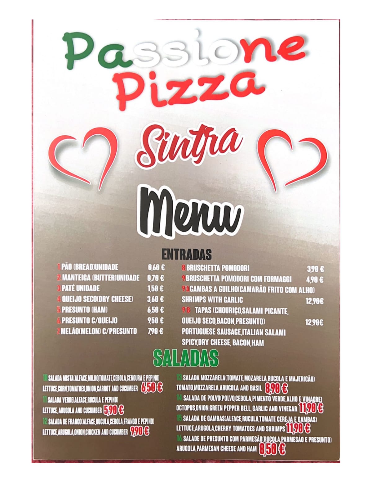 Passione Pizza Sintra menu