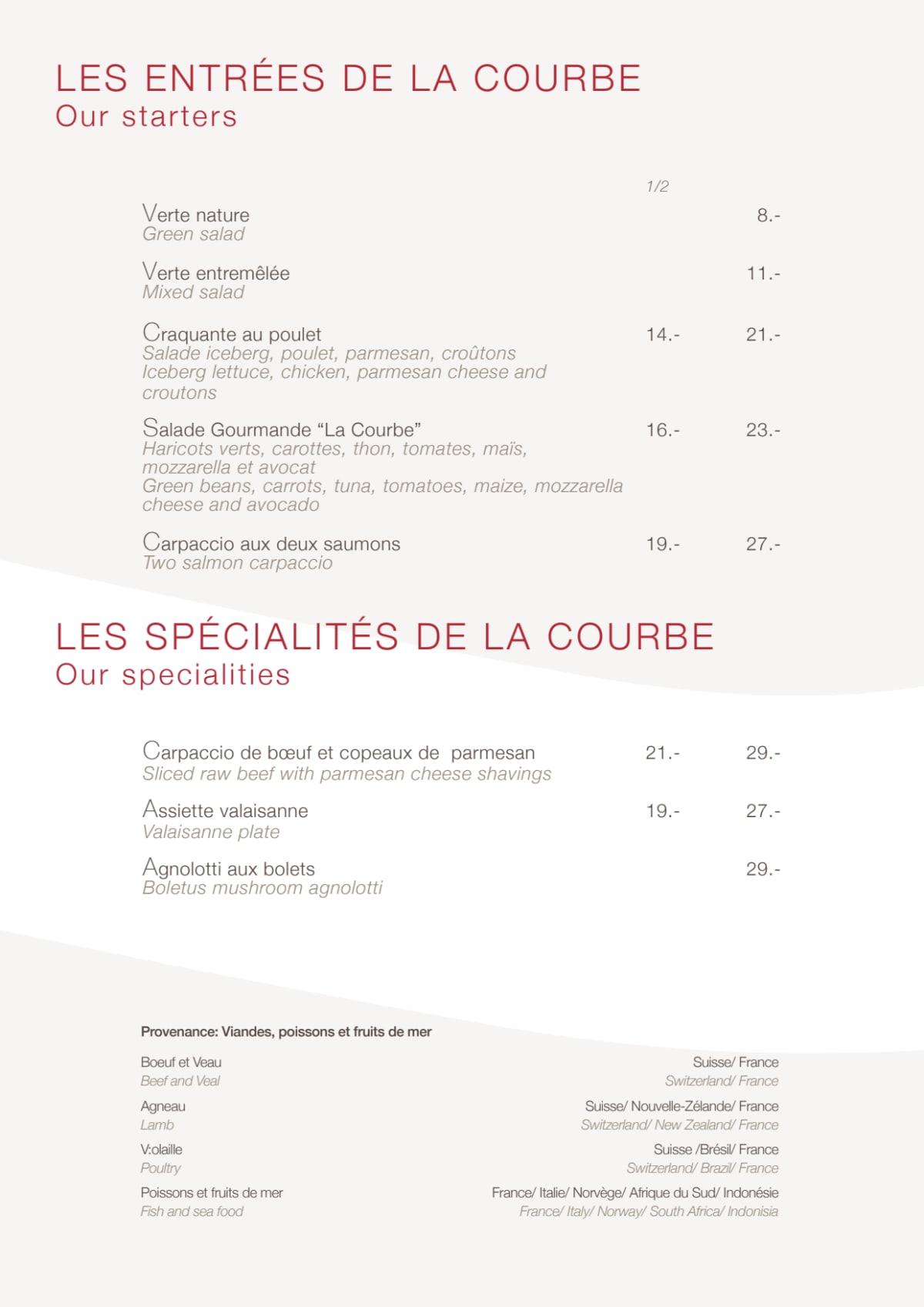 La Courbe du Goût, Café Restaurant de Grange-Canal menu