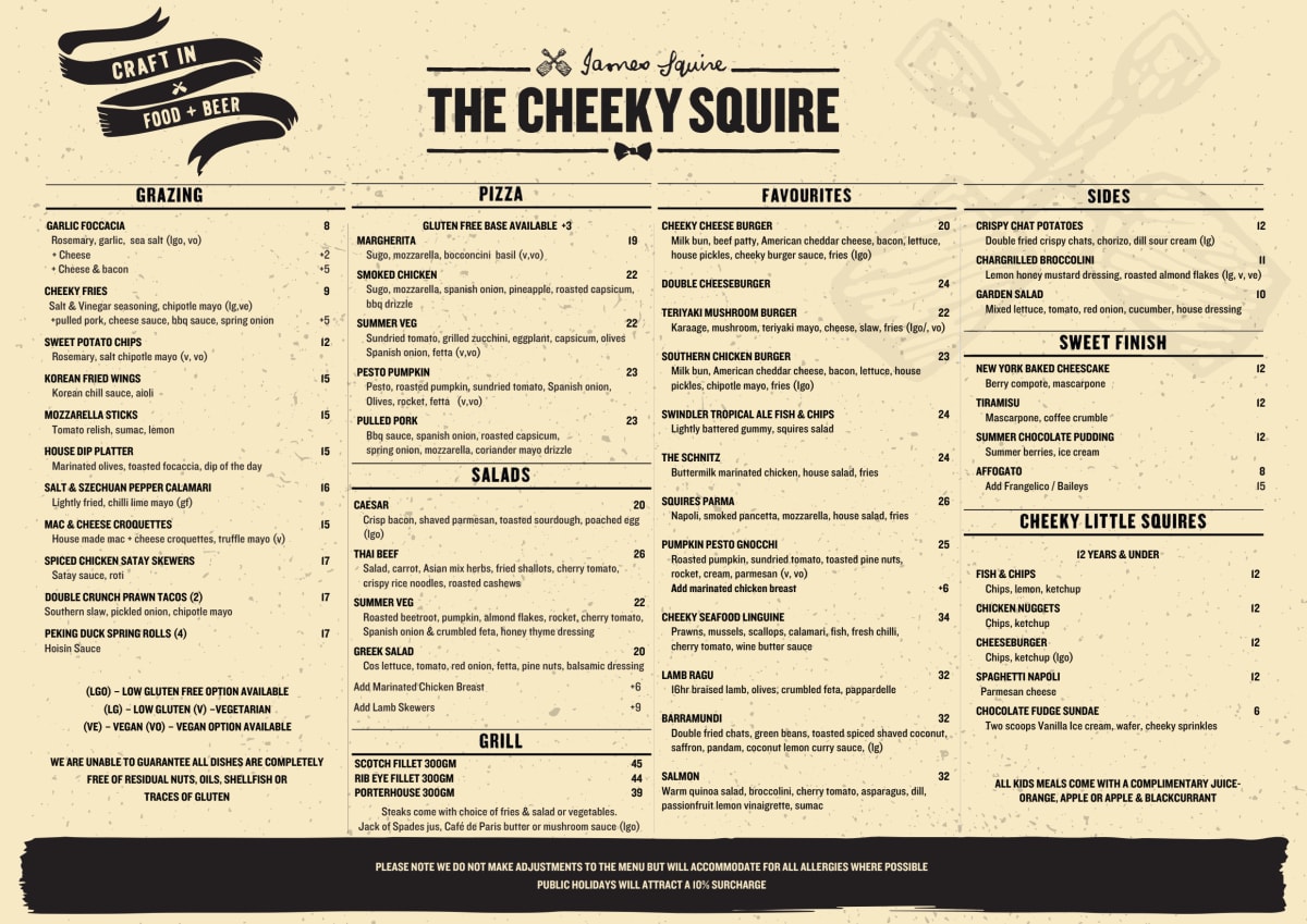 Menus 2023 The Cheeky Squire in Frankston (VIC) TheFork