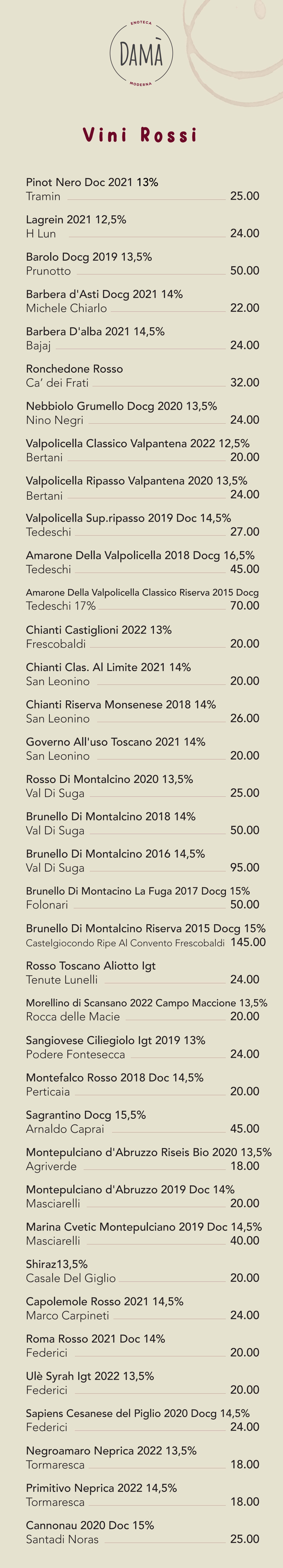 Damà - Enoteca Moderna menu