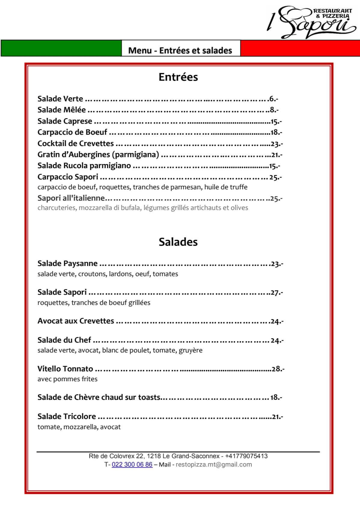 I Sapori Restaurant & Pizzeria menu