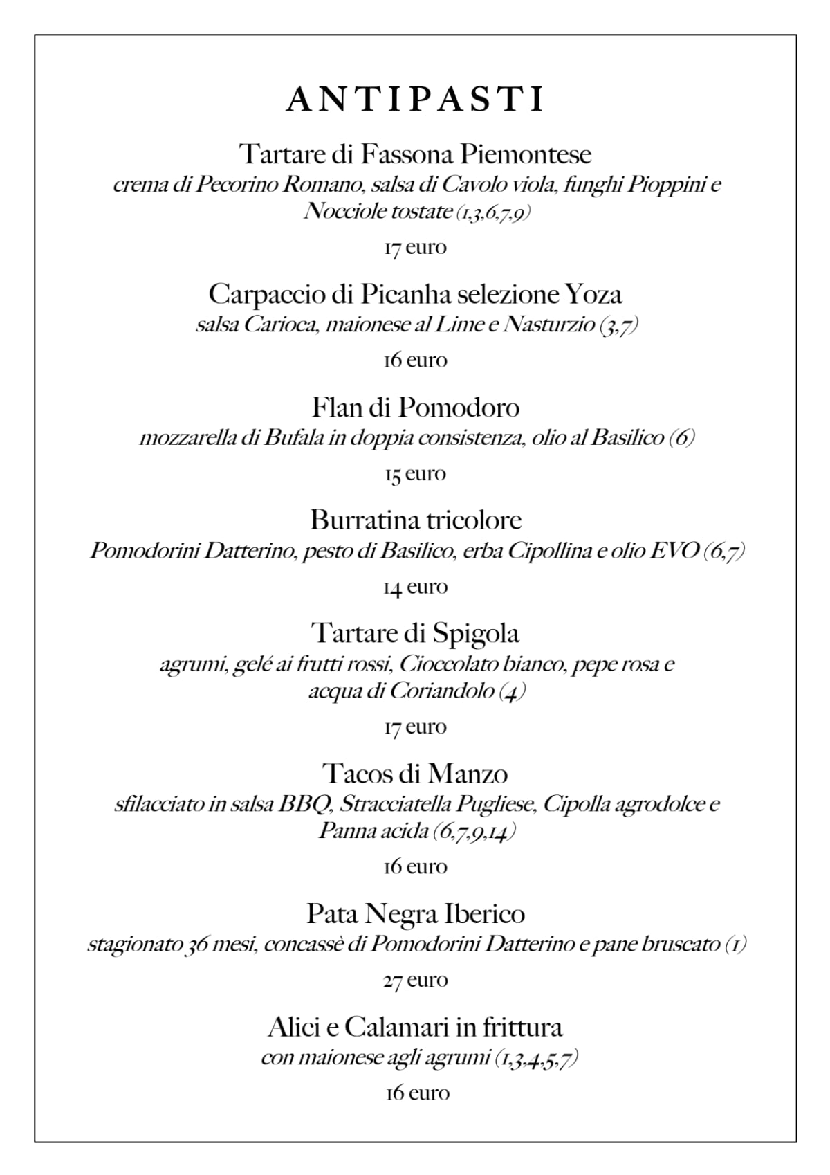 Bacco Al Pretorio menu