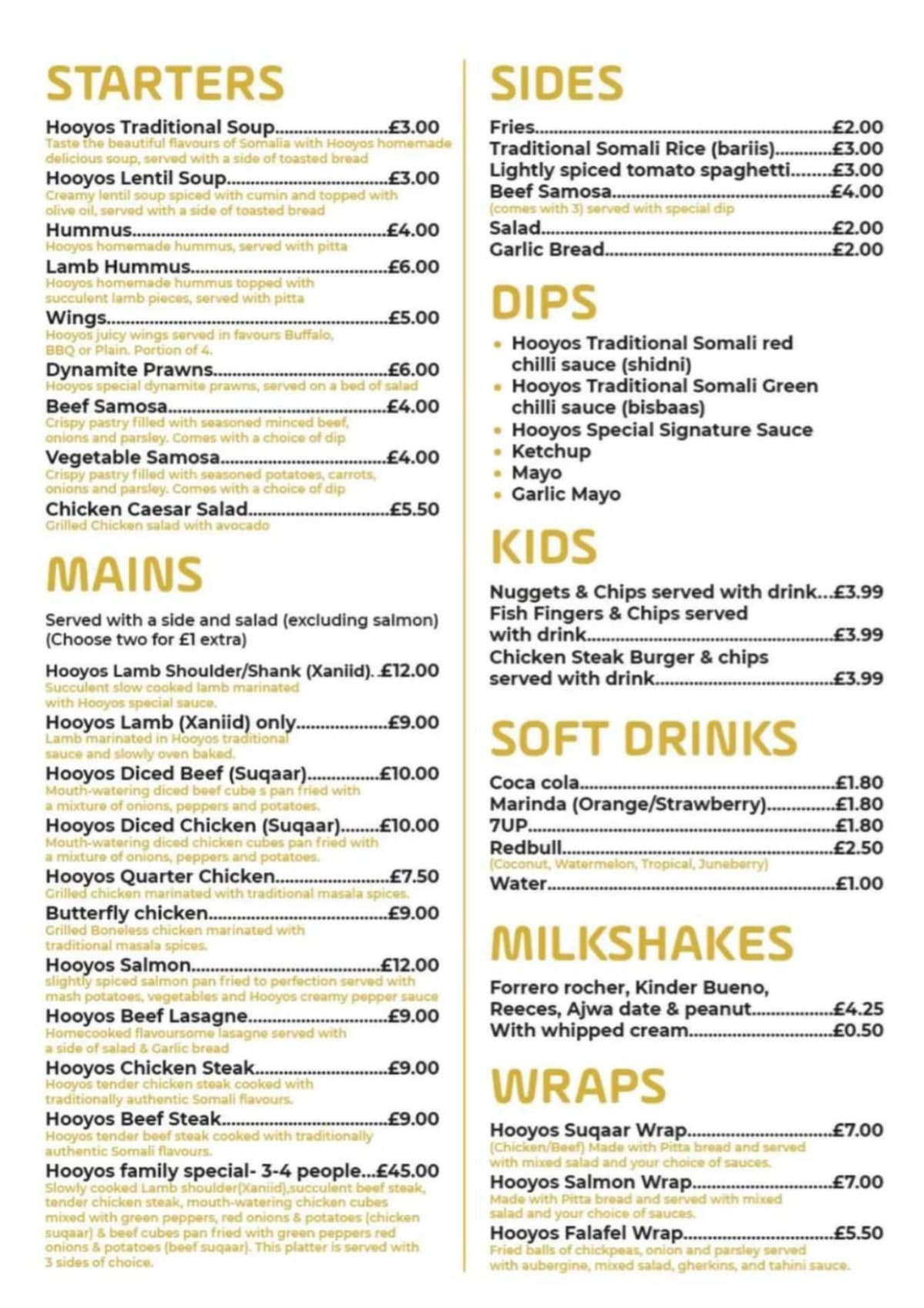 Carte et Menus 2024 Hooyos Somali Cuisine à Luton TheFork