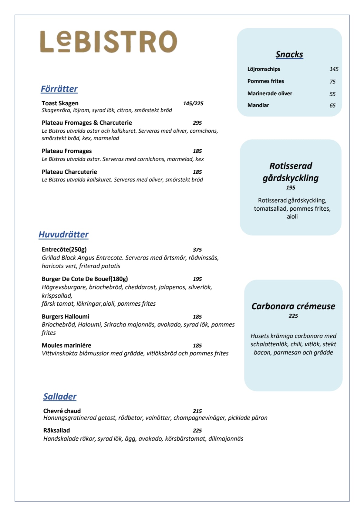 Le bistro menu