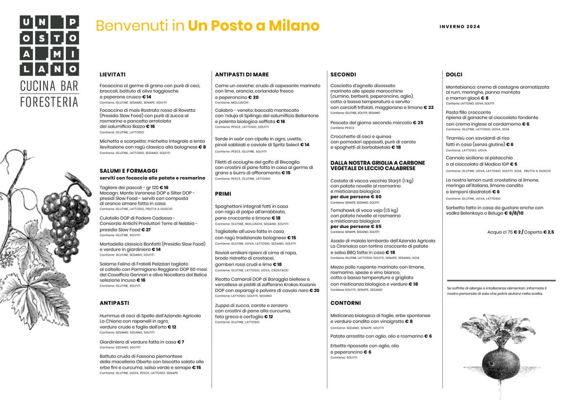 Un Posto a Milano menu