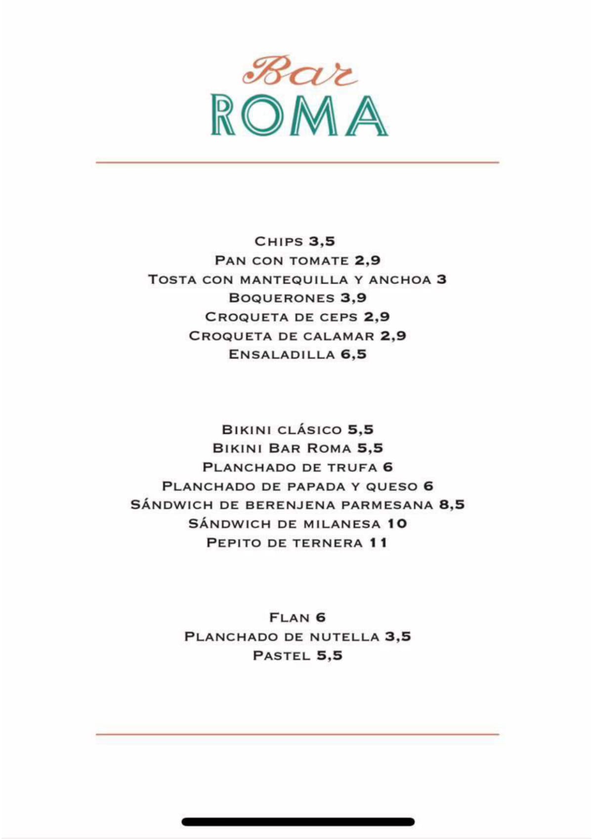 Bar Roma menu