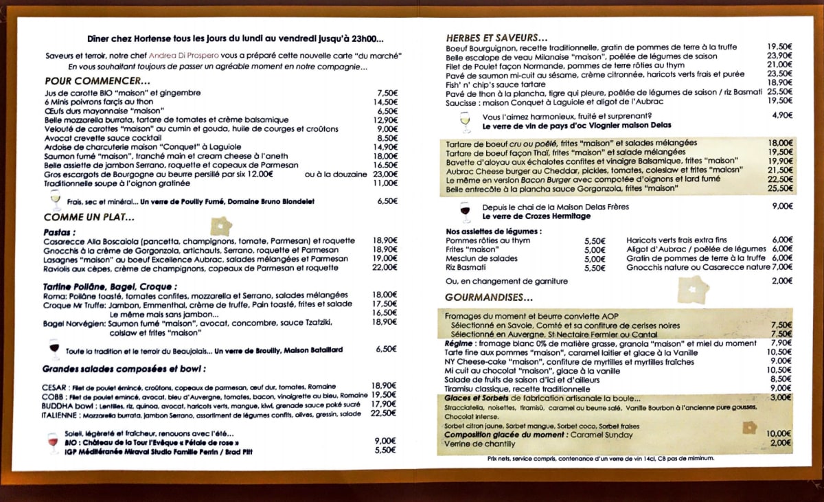 Carte et Menus 2024 Hortense à Paris TheFork