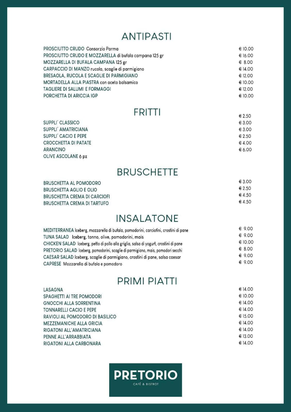 Pretorio Cafè & Bistrot menu