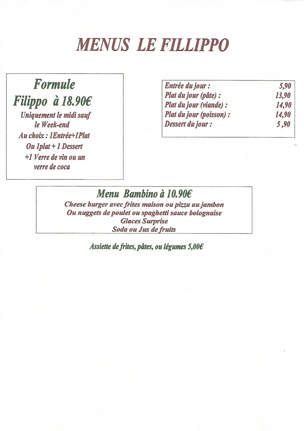 Le Filippo menu