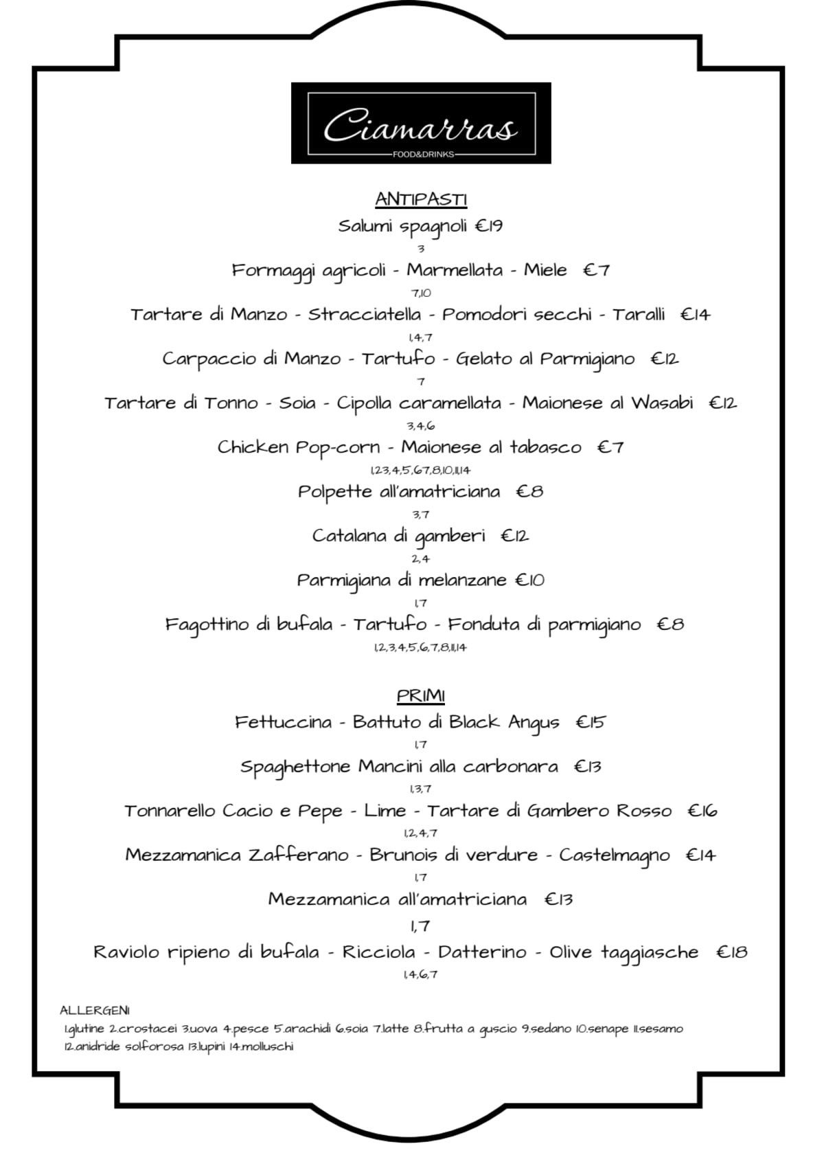 Ciamarras menu