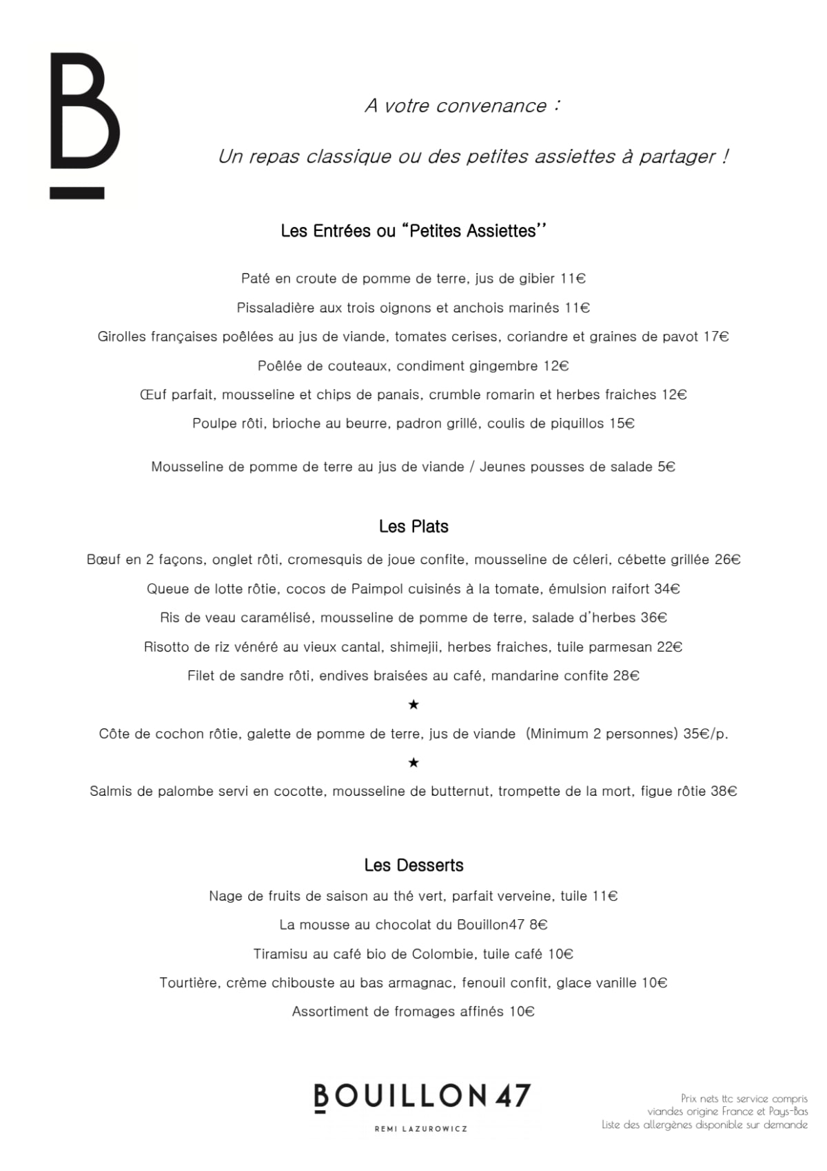 Lazu (anciennement Bouillon 47) menu