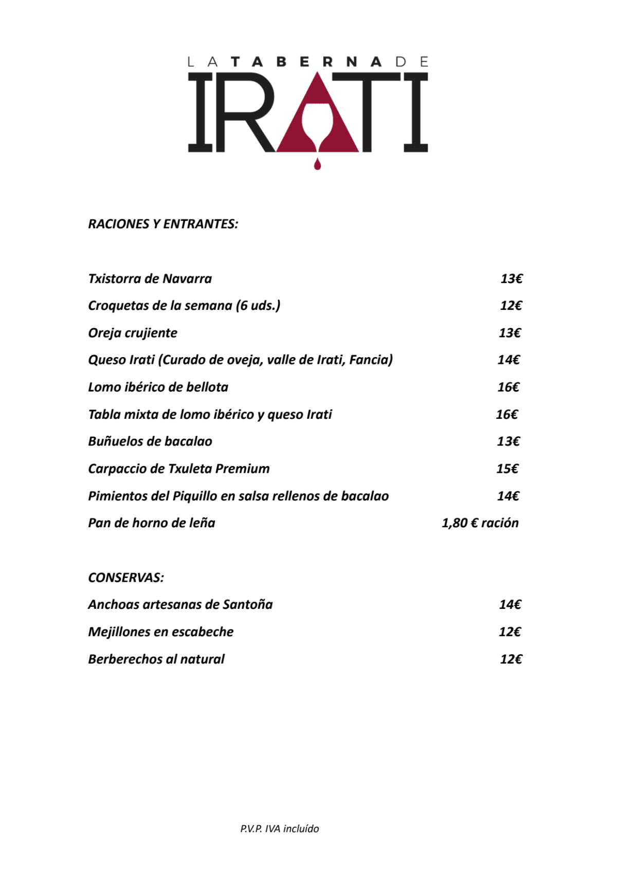 La Taberna de Irati menu