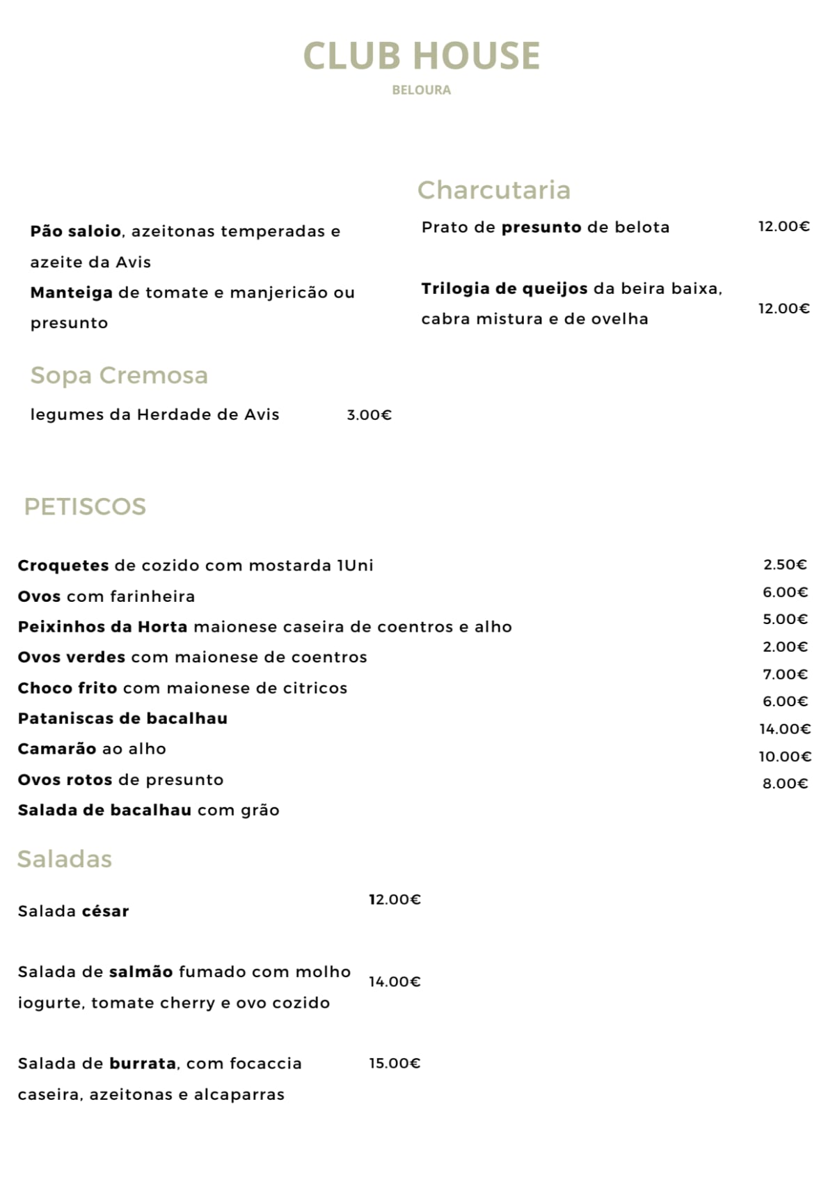 Club House Beloura menu