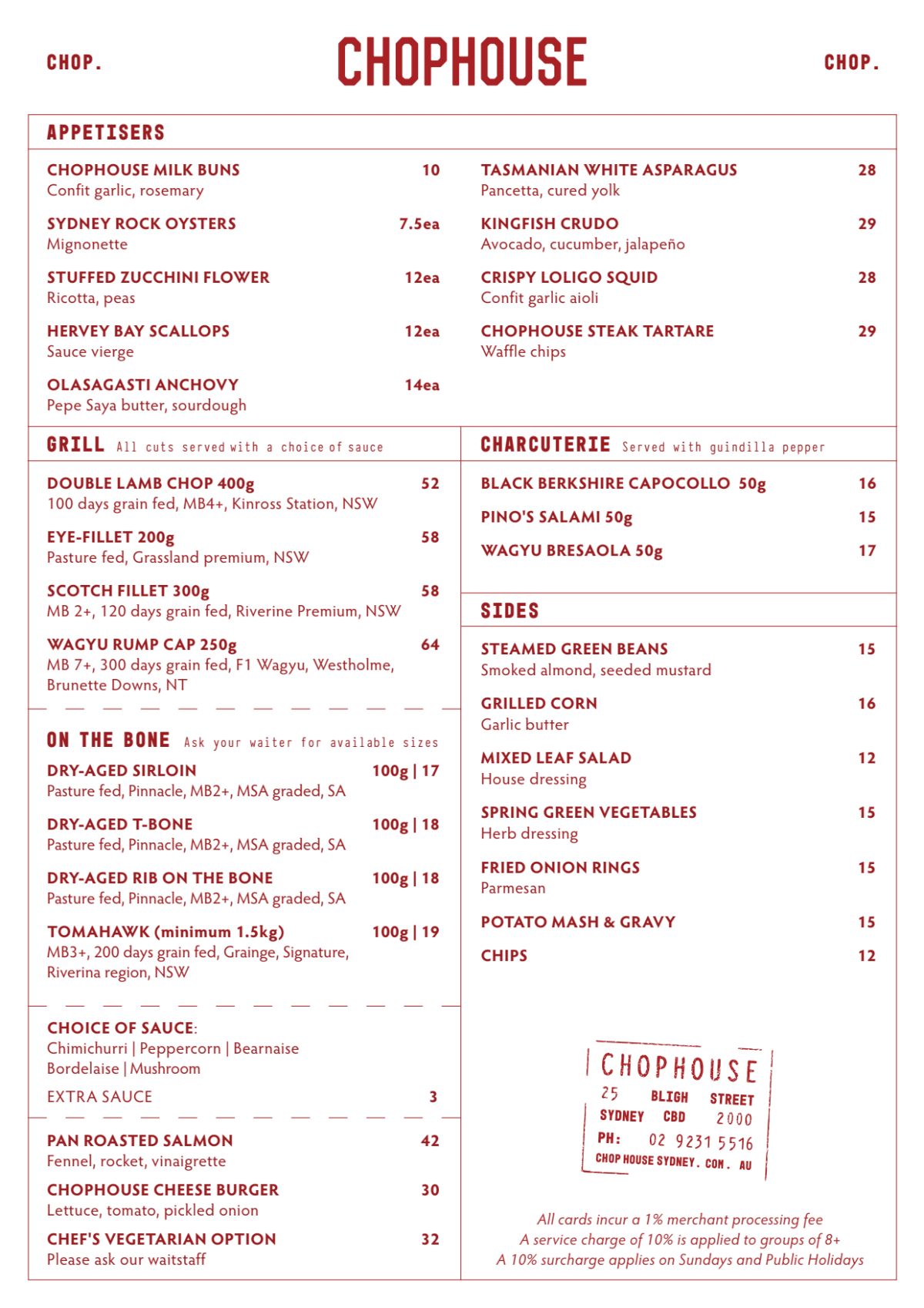 Chophouse menu deals