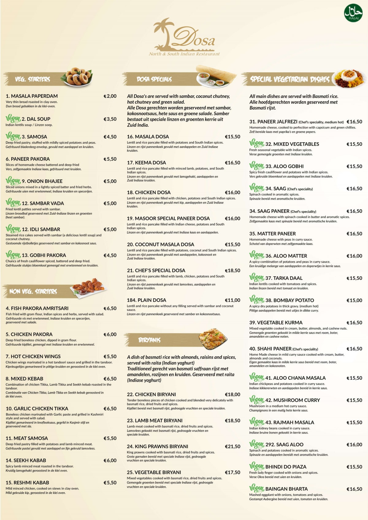 Dosa North & South Indian Restaurant menu