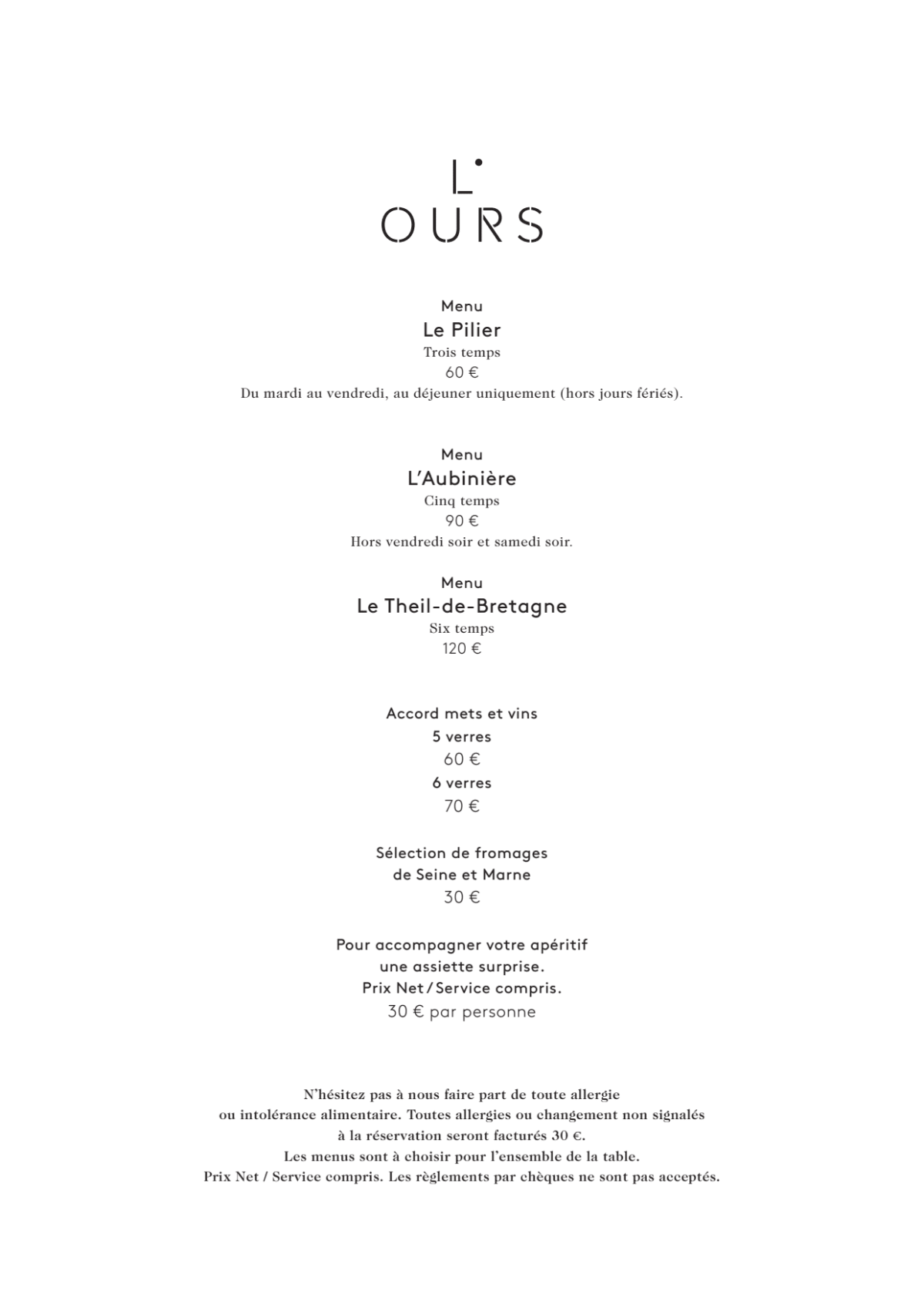 L'Ours - Jacky Ribault menu