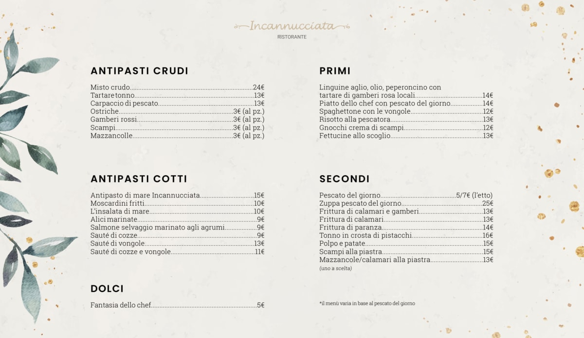 Incannucciata menu