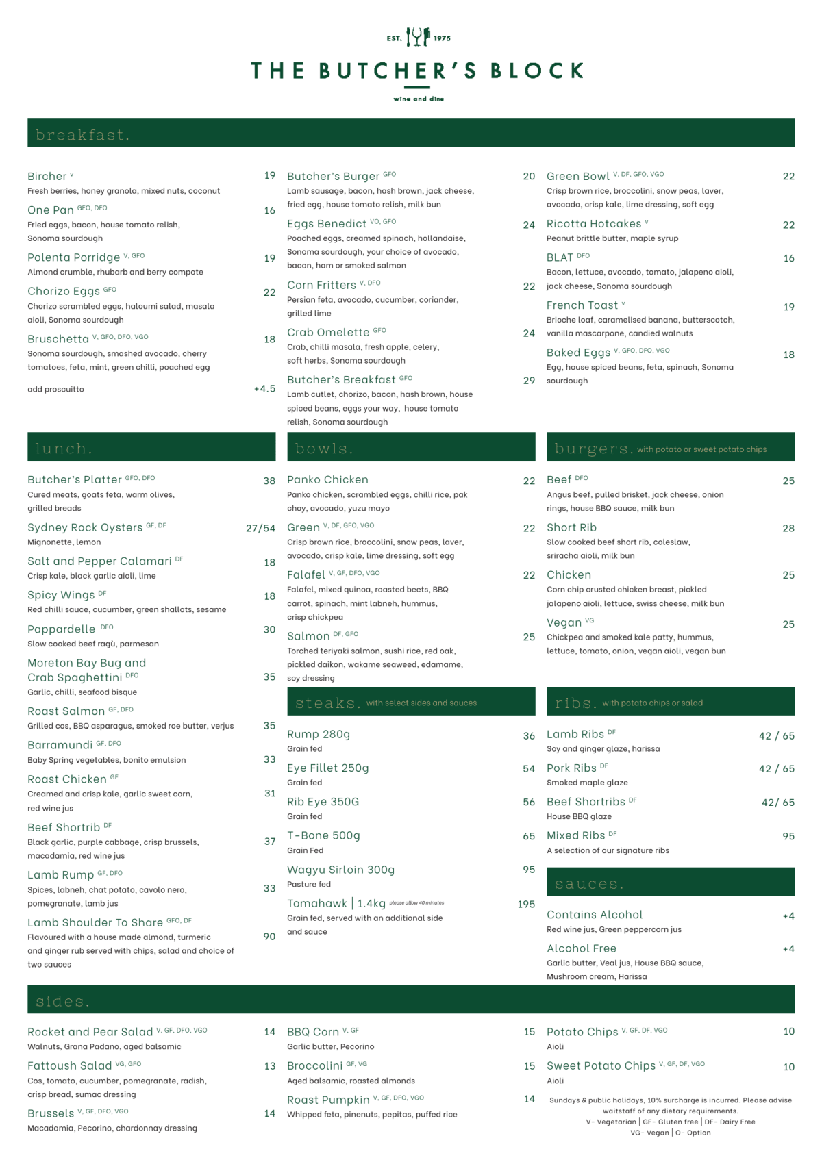 Carte et Menus 2022 The Butcher's Block Barangaroo à Barangaroo (NSW