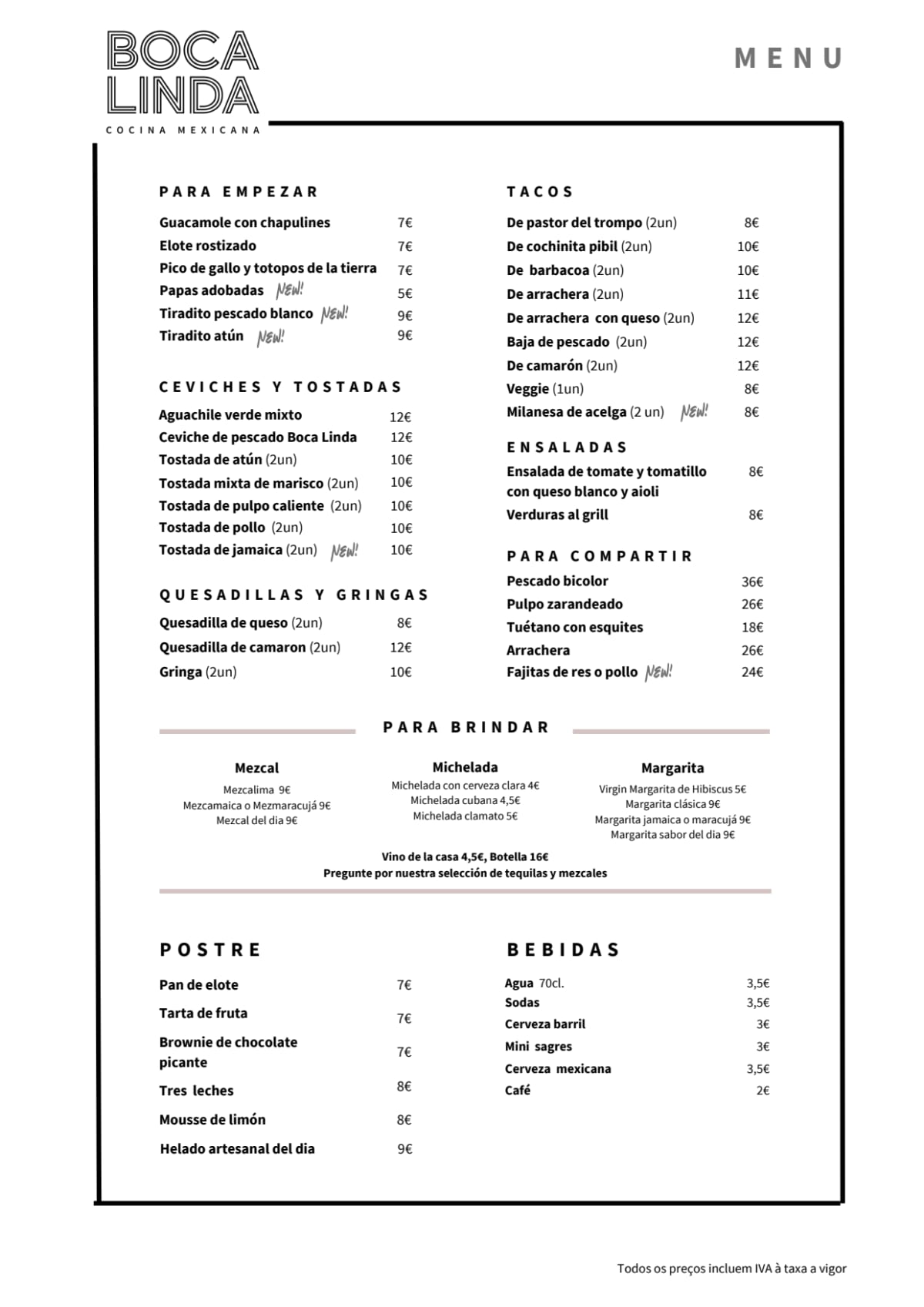 Boca Linda menu