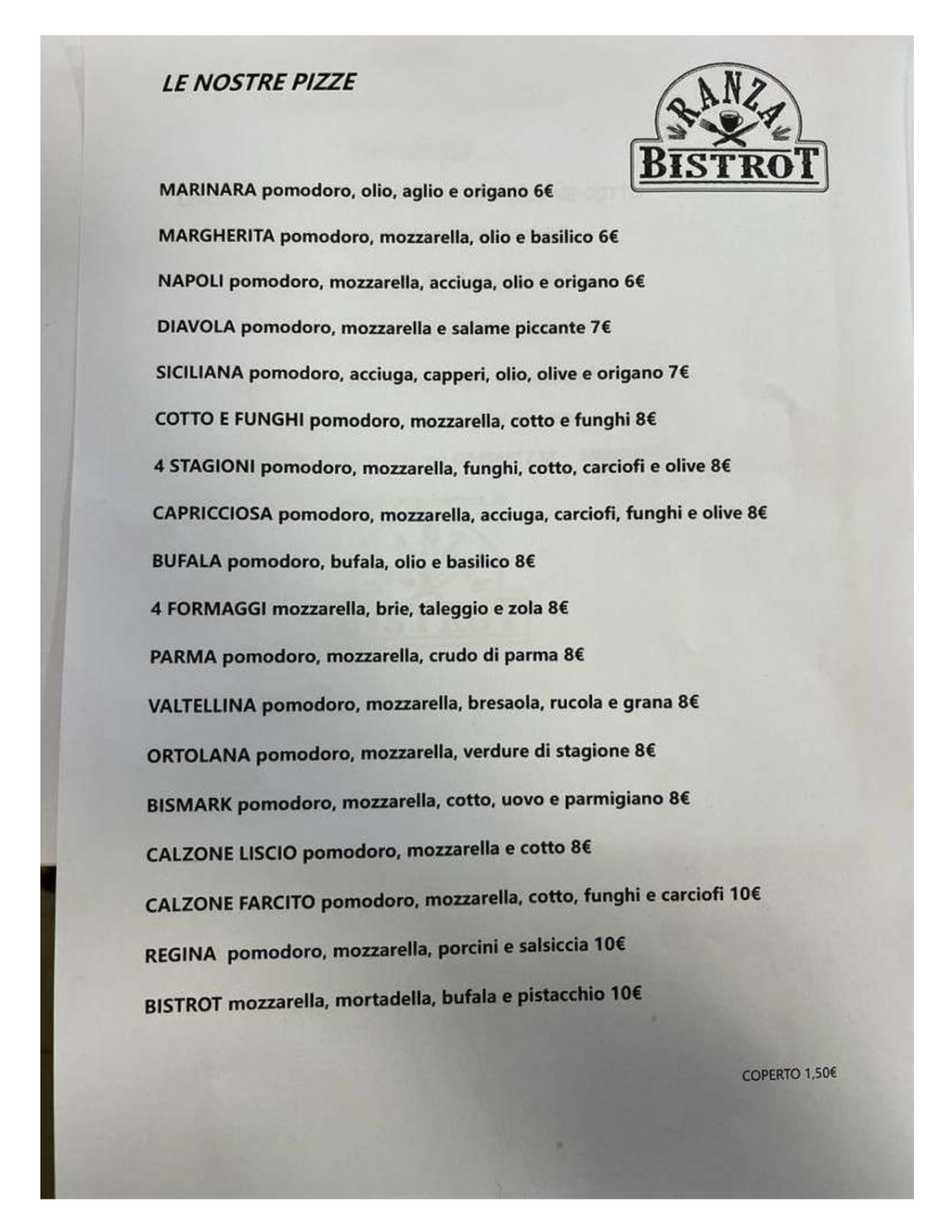 Ranza Bistrot menu