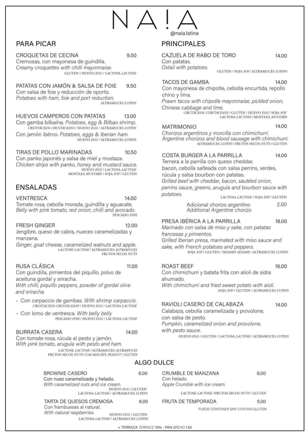 Naia - Plaza de la Paja menu