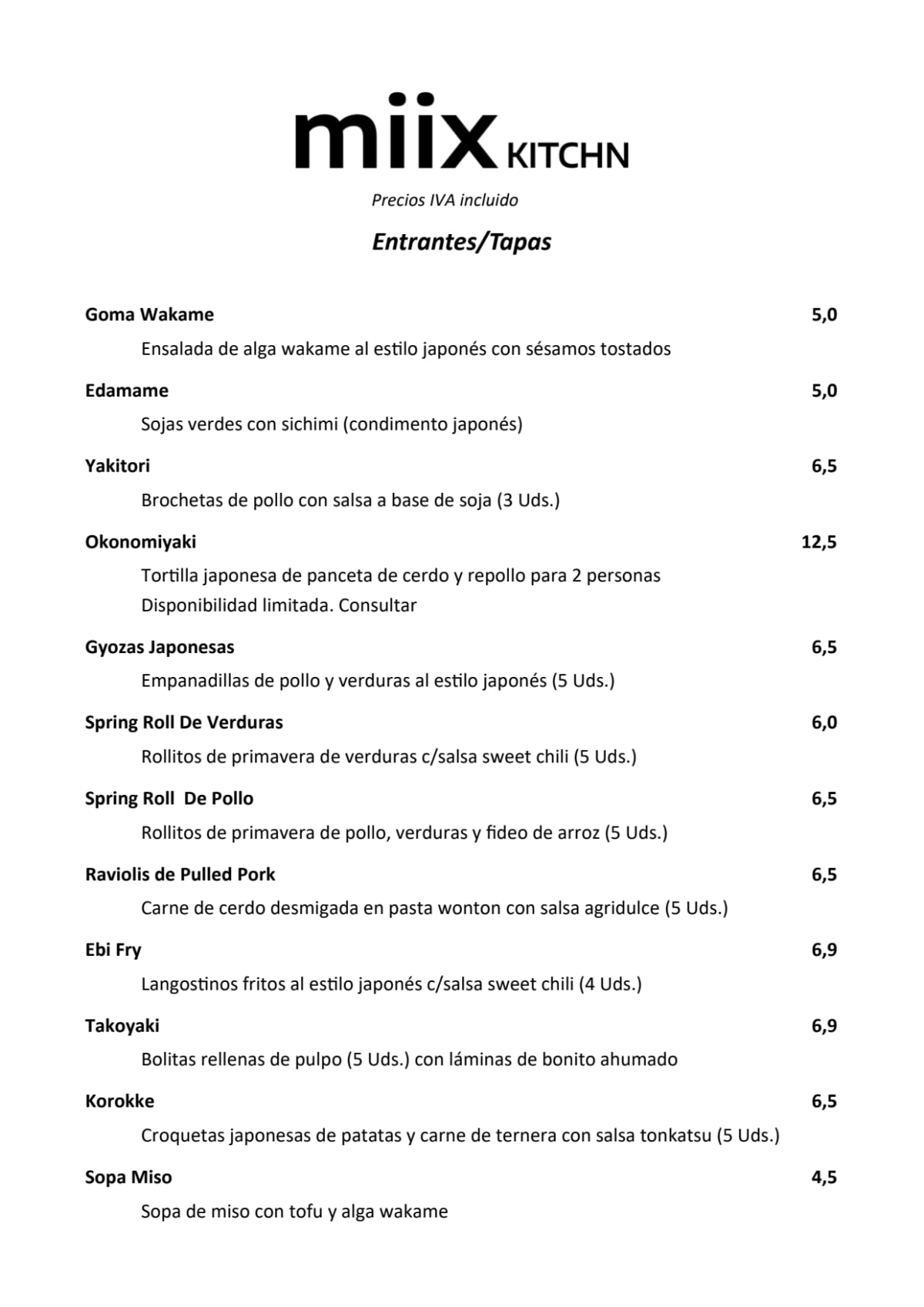 Miix Kitchn menu