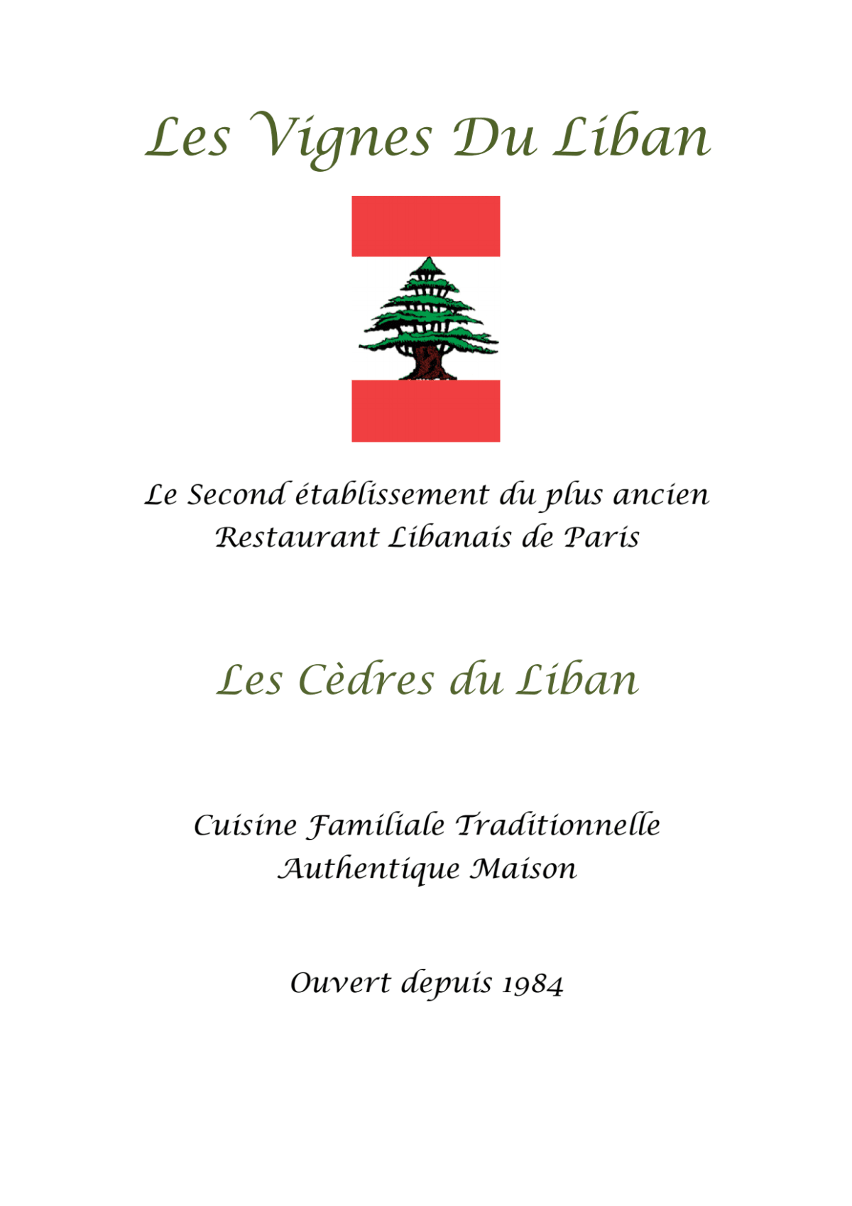 Les Vignes du Liban menu