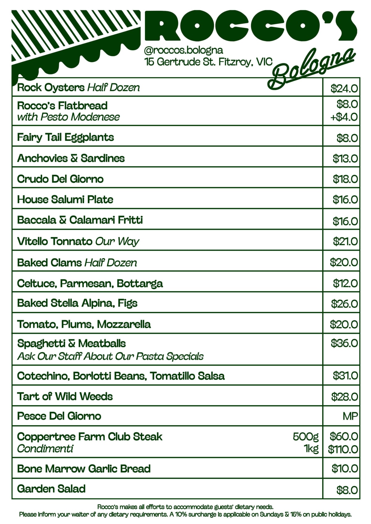 Menù completo e carta 2024 Rocco's Bologna a Fitzroy (VIC) TheFork