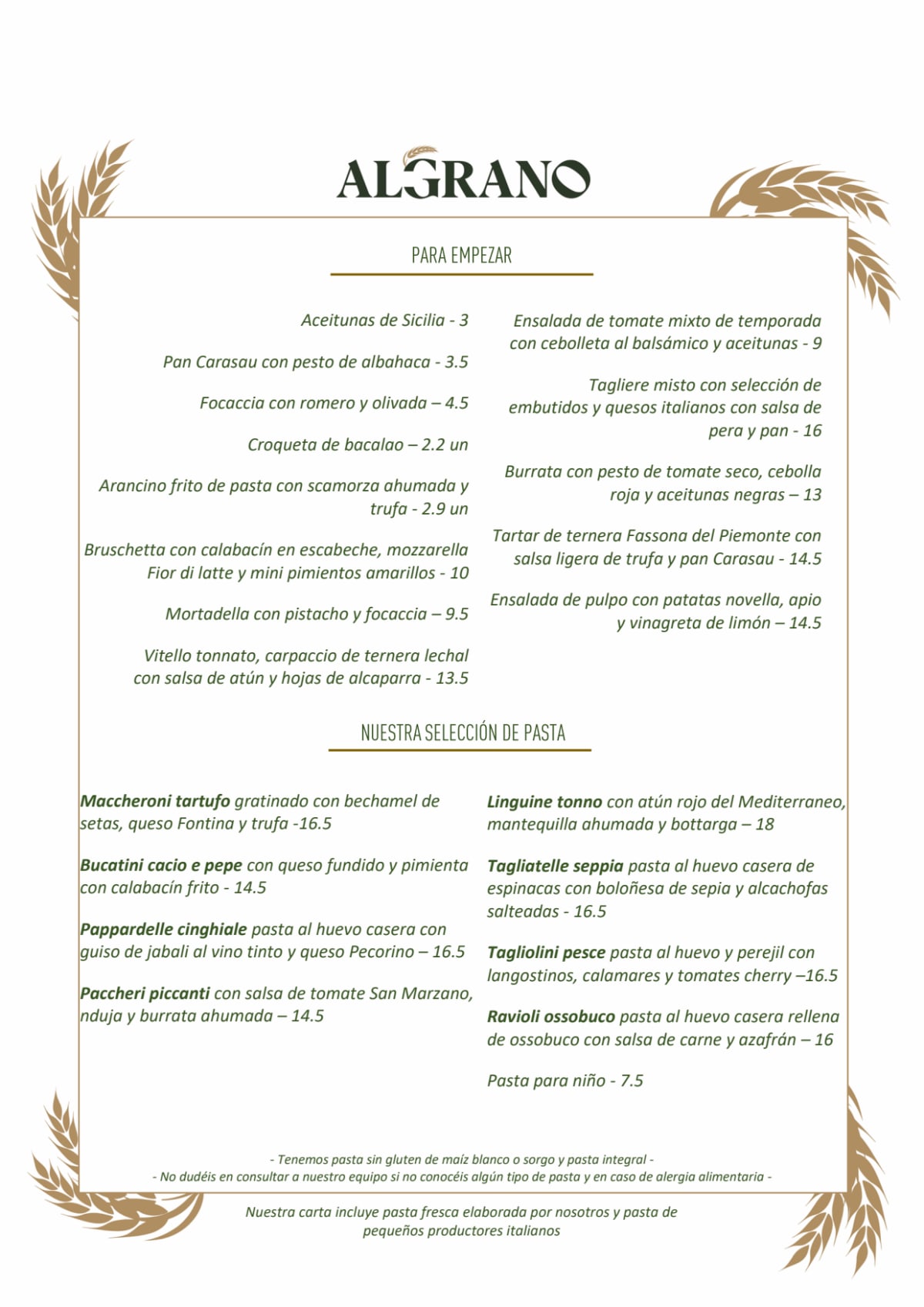 Al Grano Bistro menu