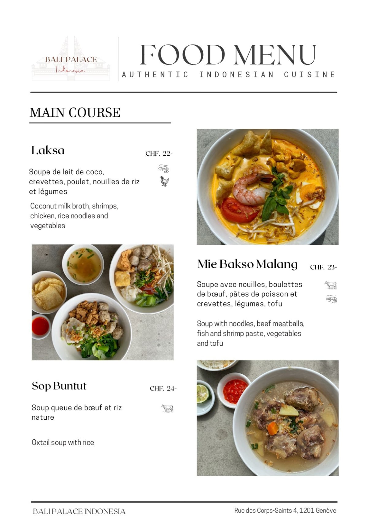 Bali Palace menu