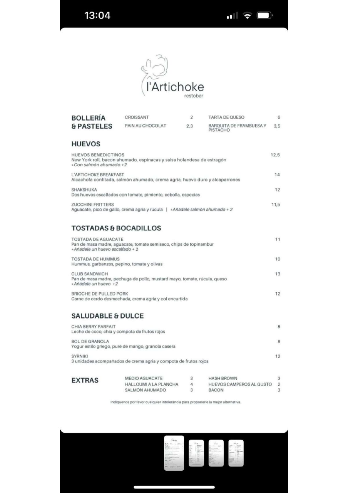 Artichoke menu