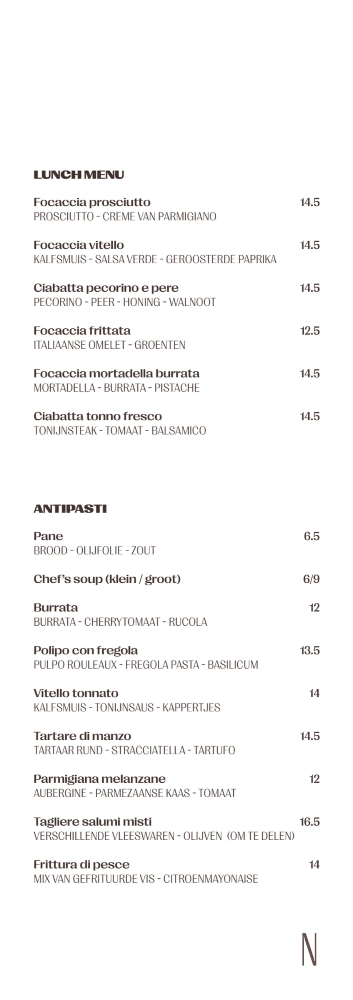 Nando Italian Bistro menu