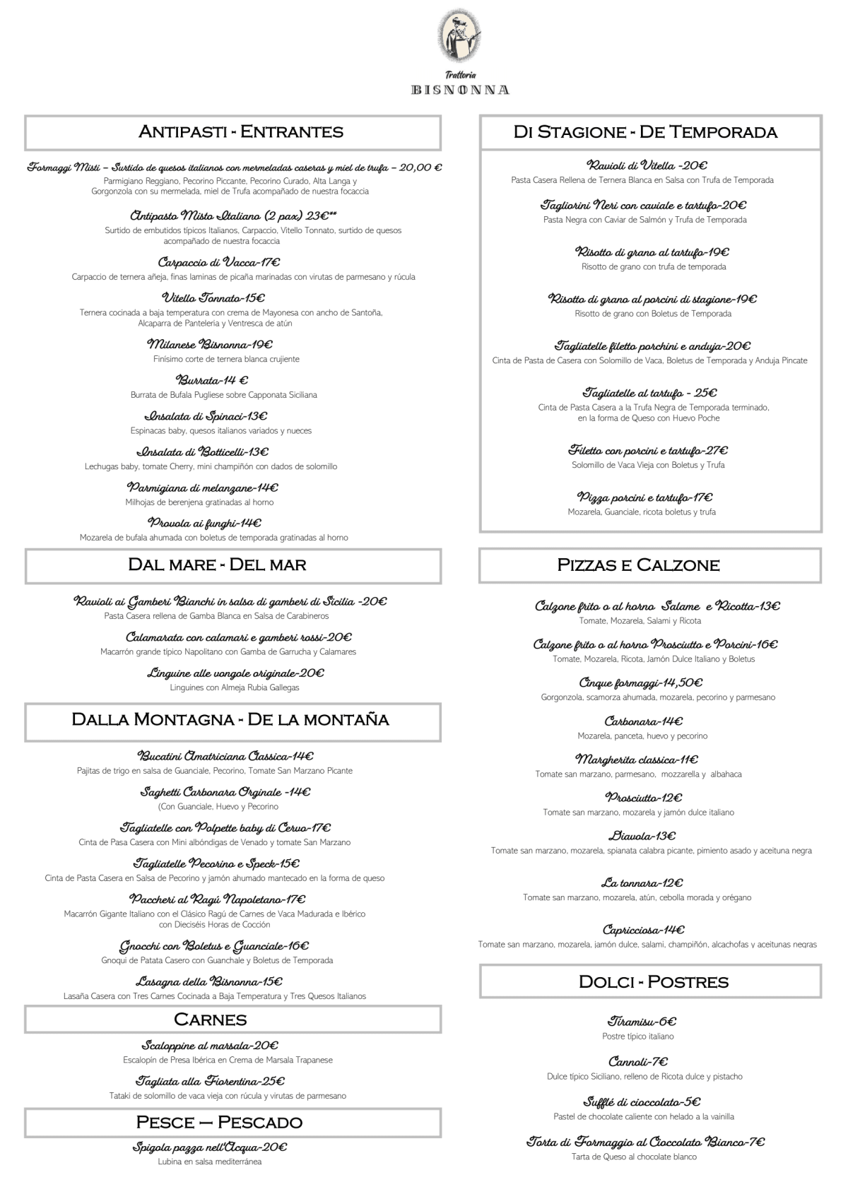 Bisnonna menu