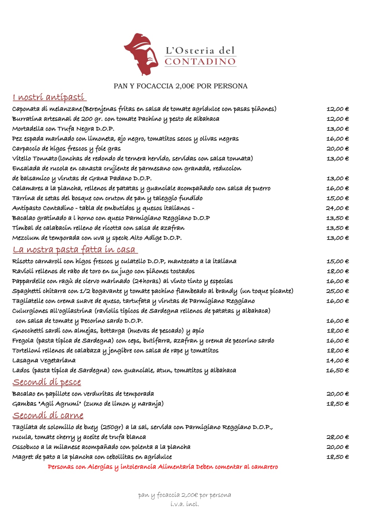 L'Osteria del Contadino menu