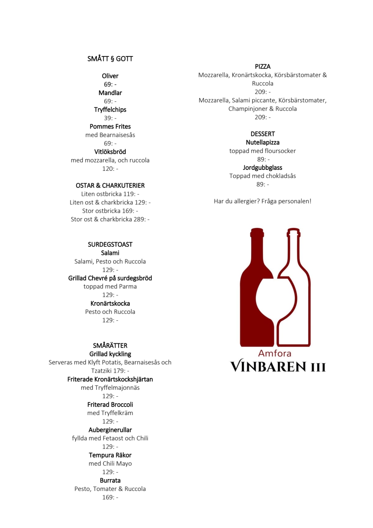 Amfora vinbar menu