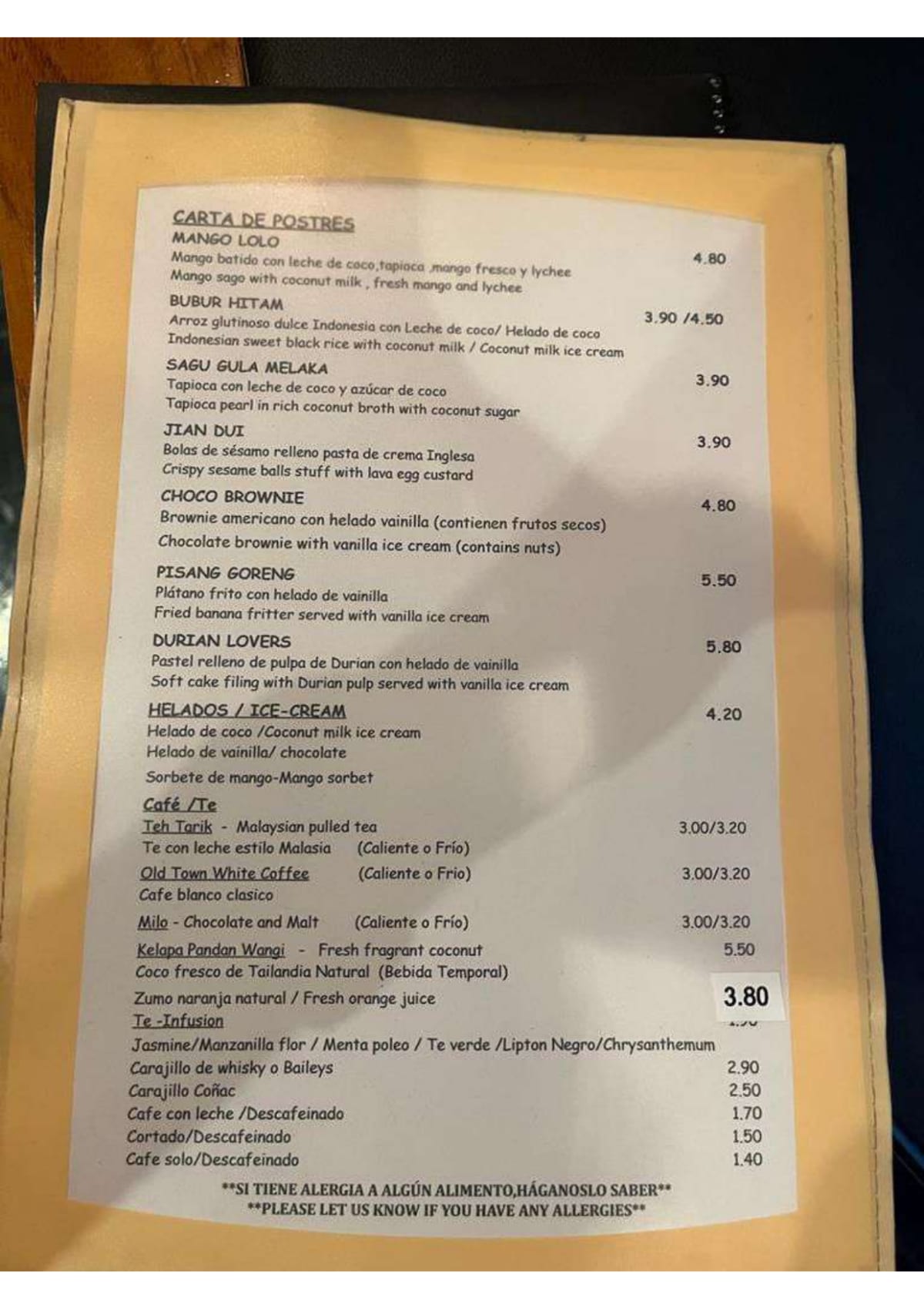 Restaurant Malaysia menu