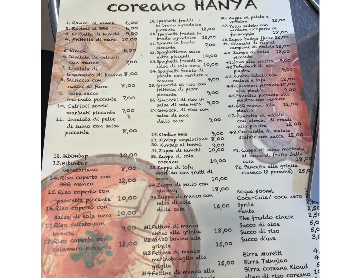 Ristorante coreano Hanya menu