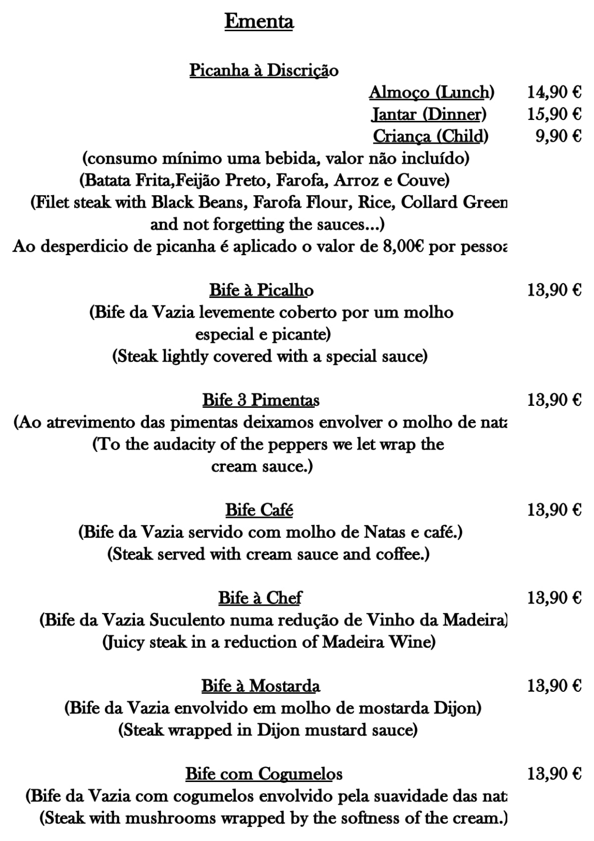 Picalho.copo menu