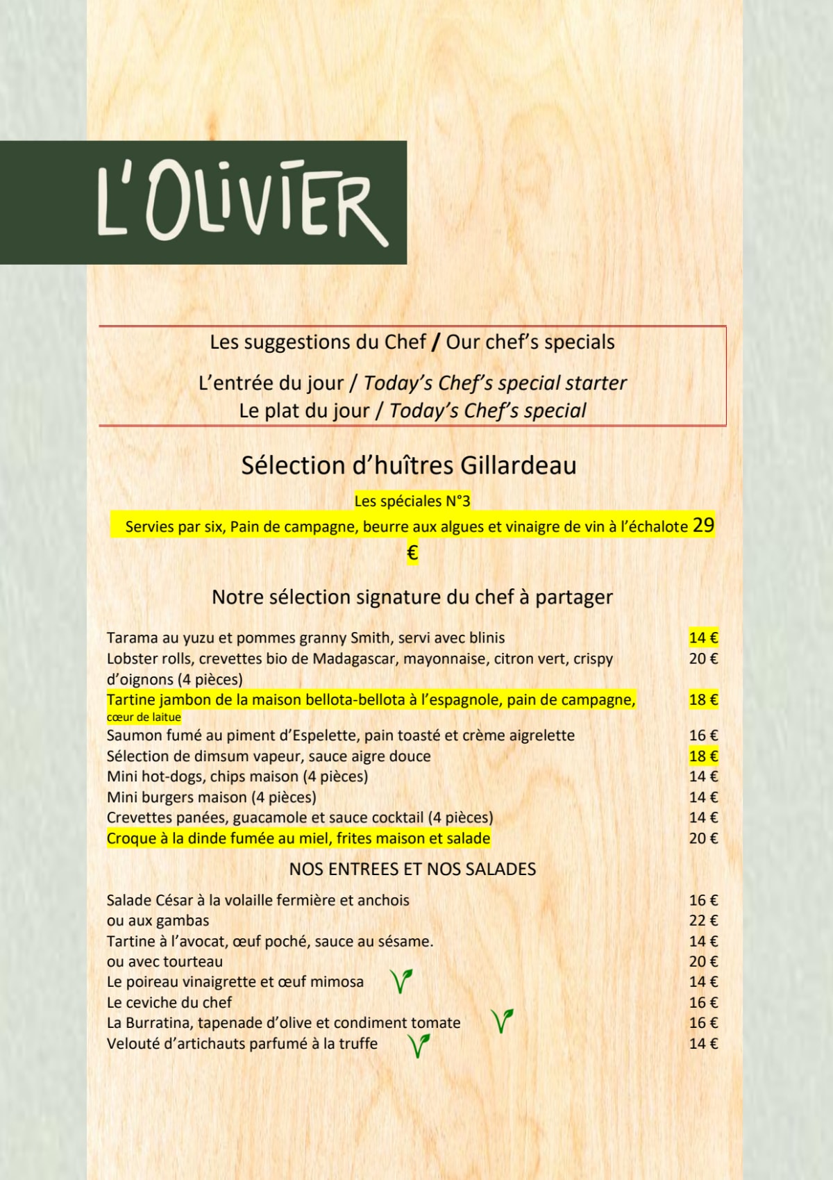 L'OLIVIER menu