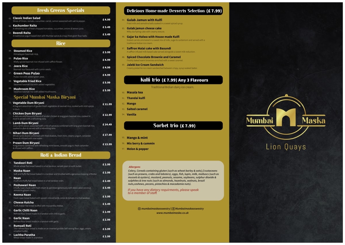 Menu 2023 Mumbai Maska Indian Restaurant Lion Quays in Oswestry