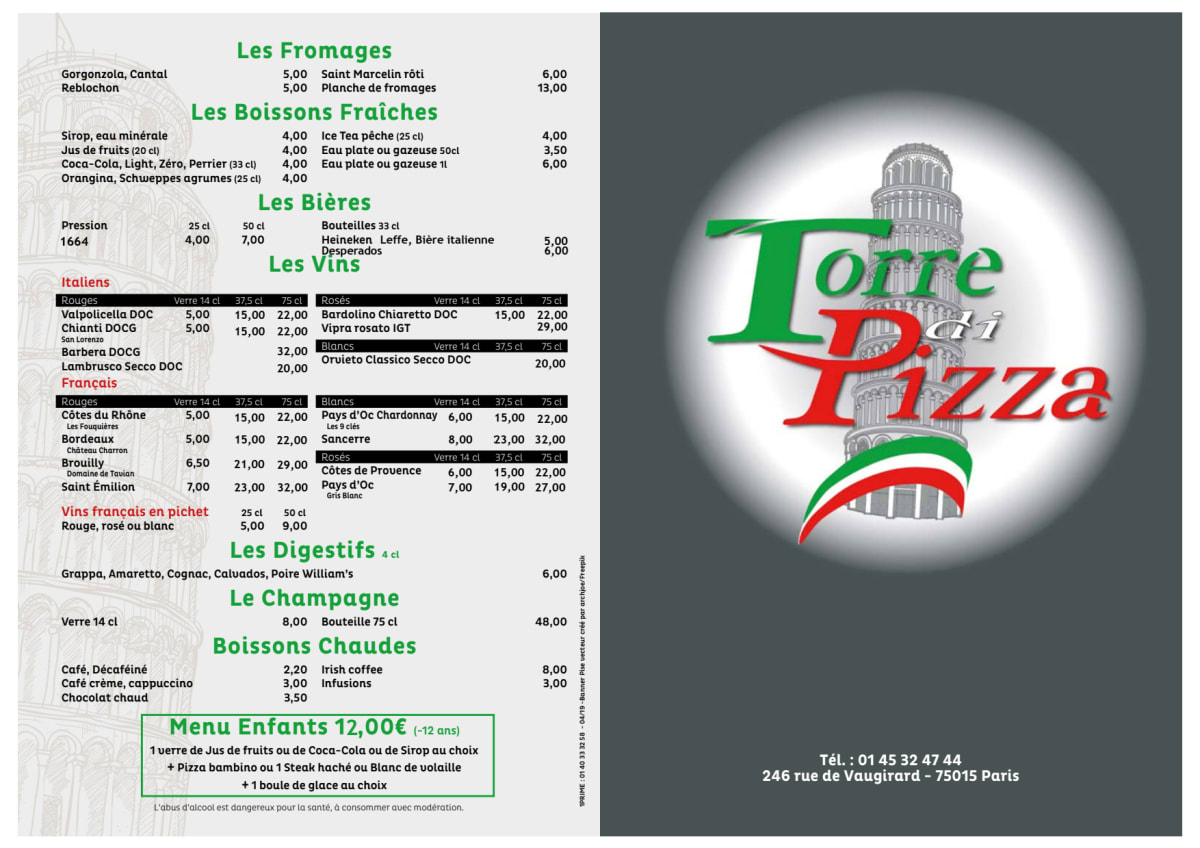 Torre di Pizza menu