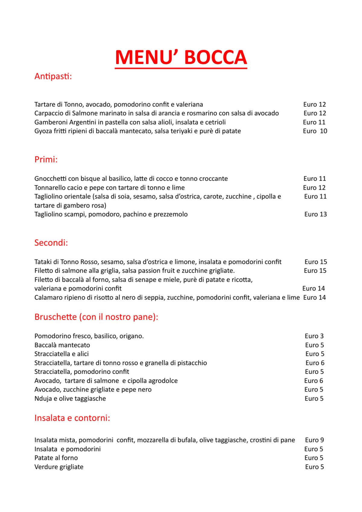 Bocca menu