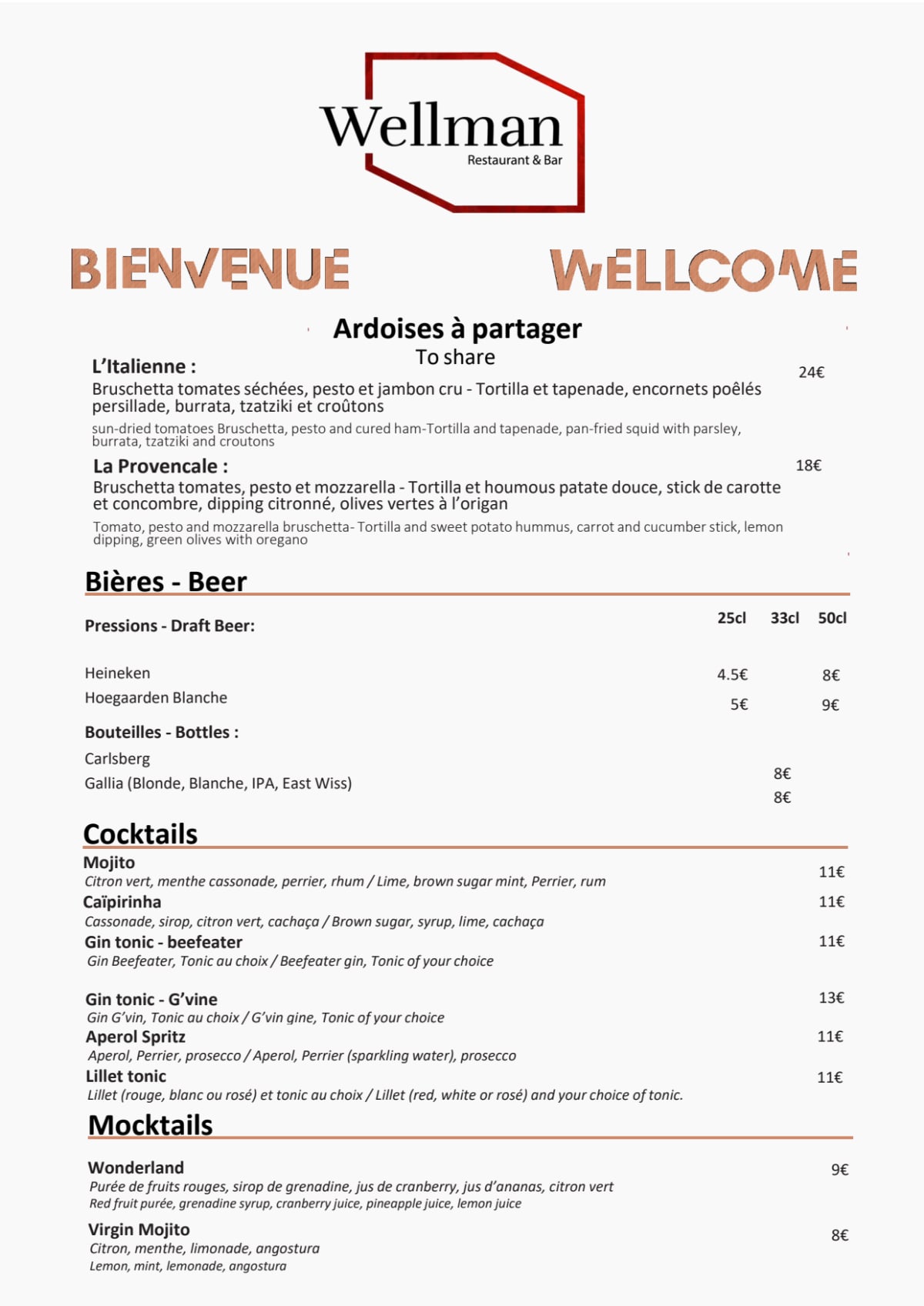 Carte et Menus 2023 Wellman Restaurant à Bordeaux TheFork