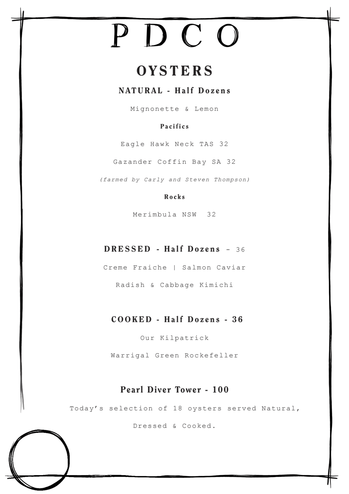 Carte et Menus 2024 Pearl Diver Cocktails and Oysters à Melbourne