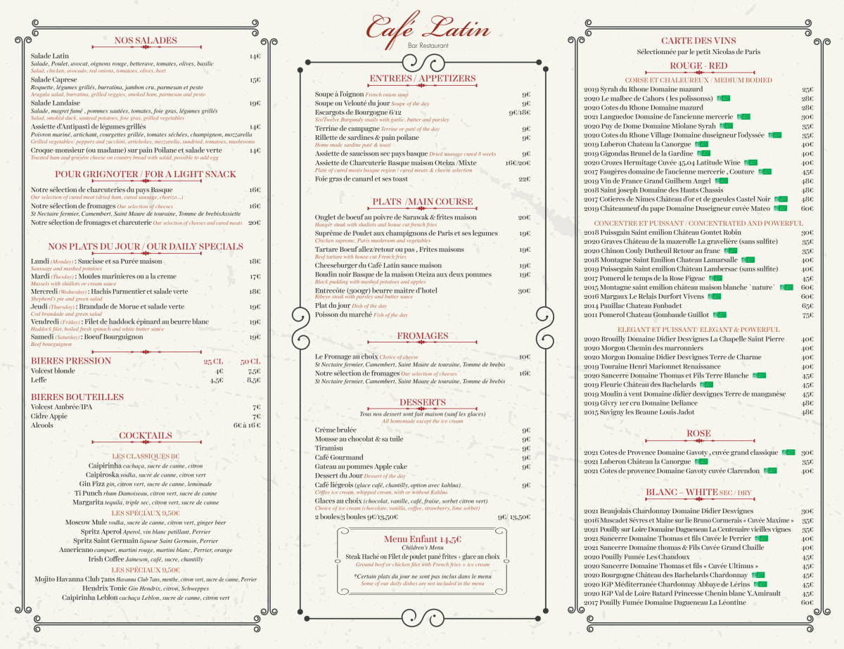 Menu 2023 Café Latin in Parijs TheFork