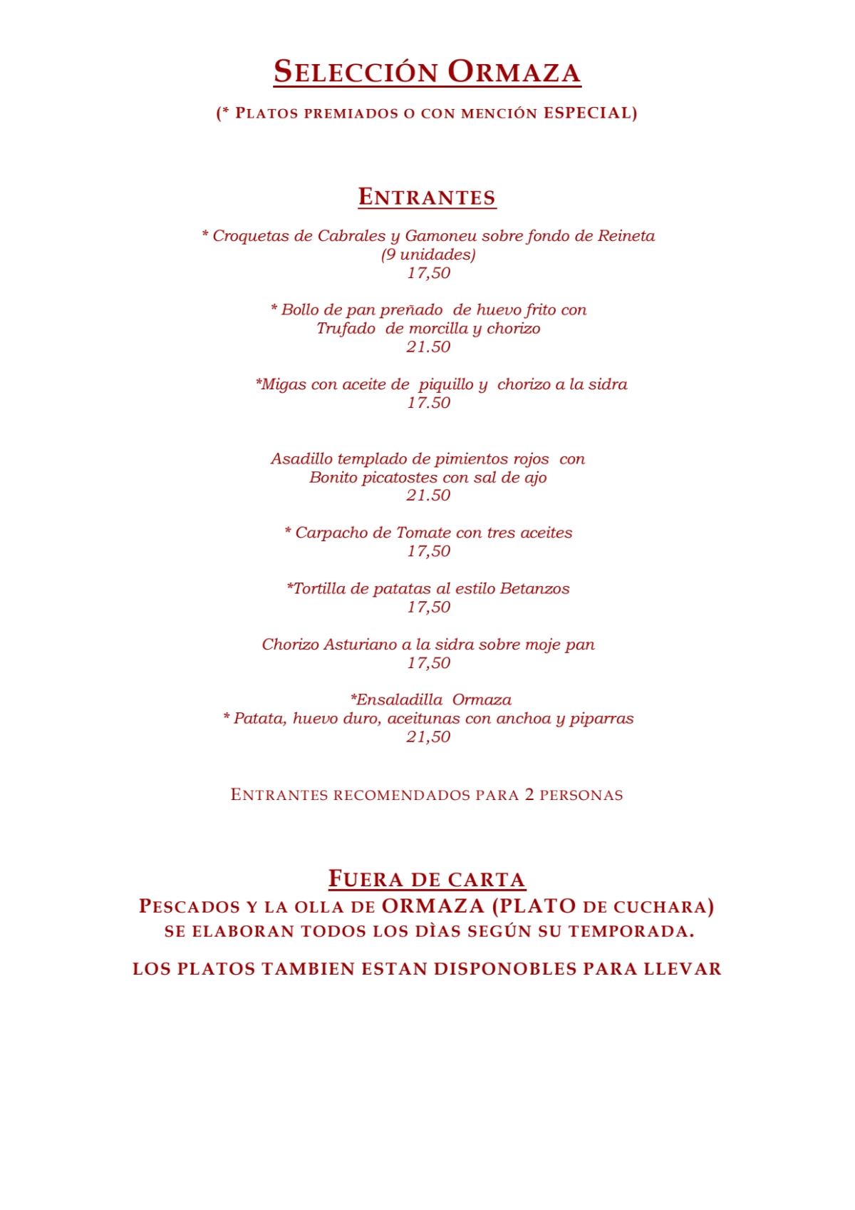 Casa Ormaza menu