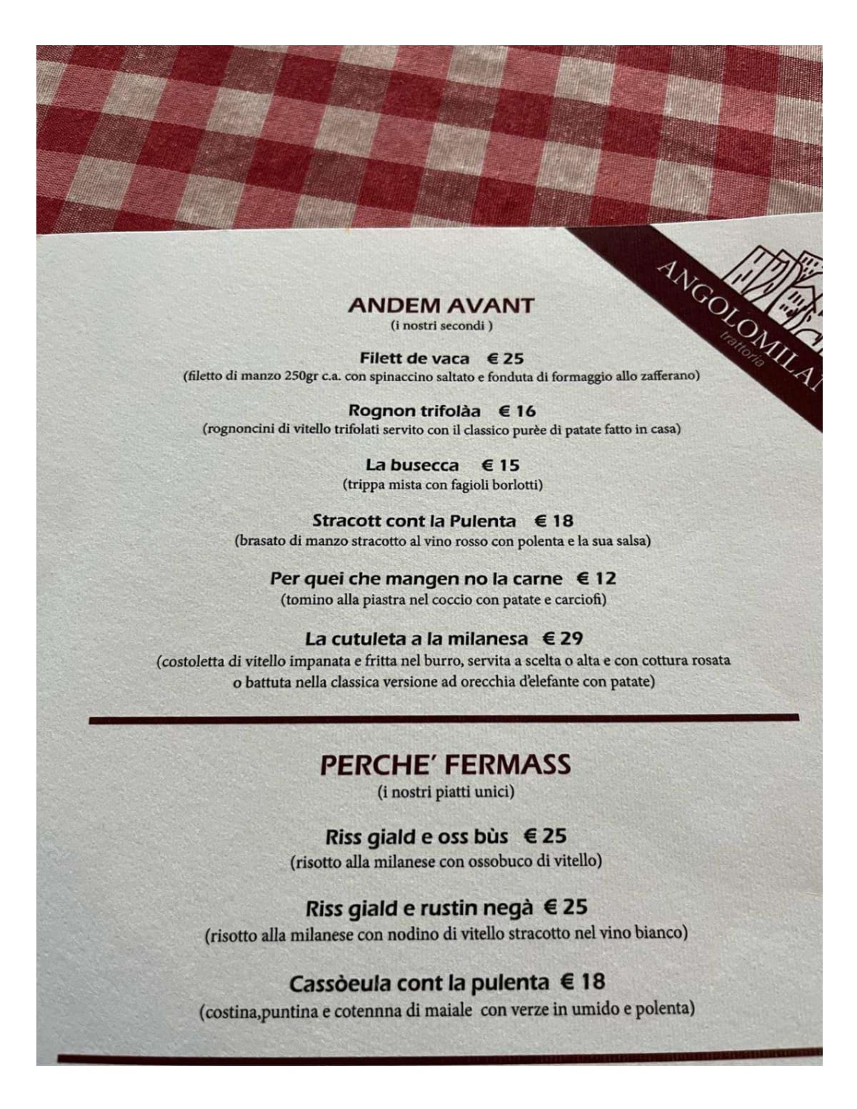 Angolo Milano menu