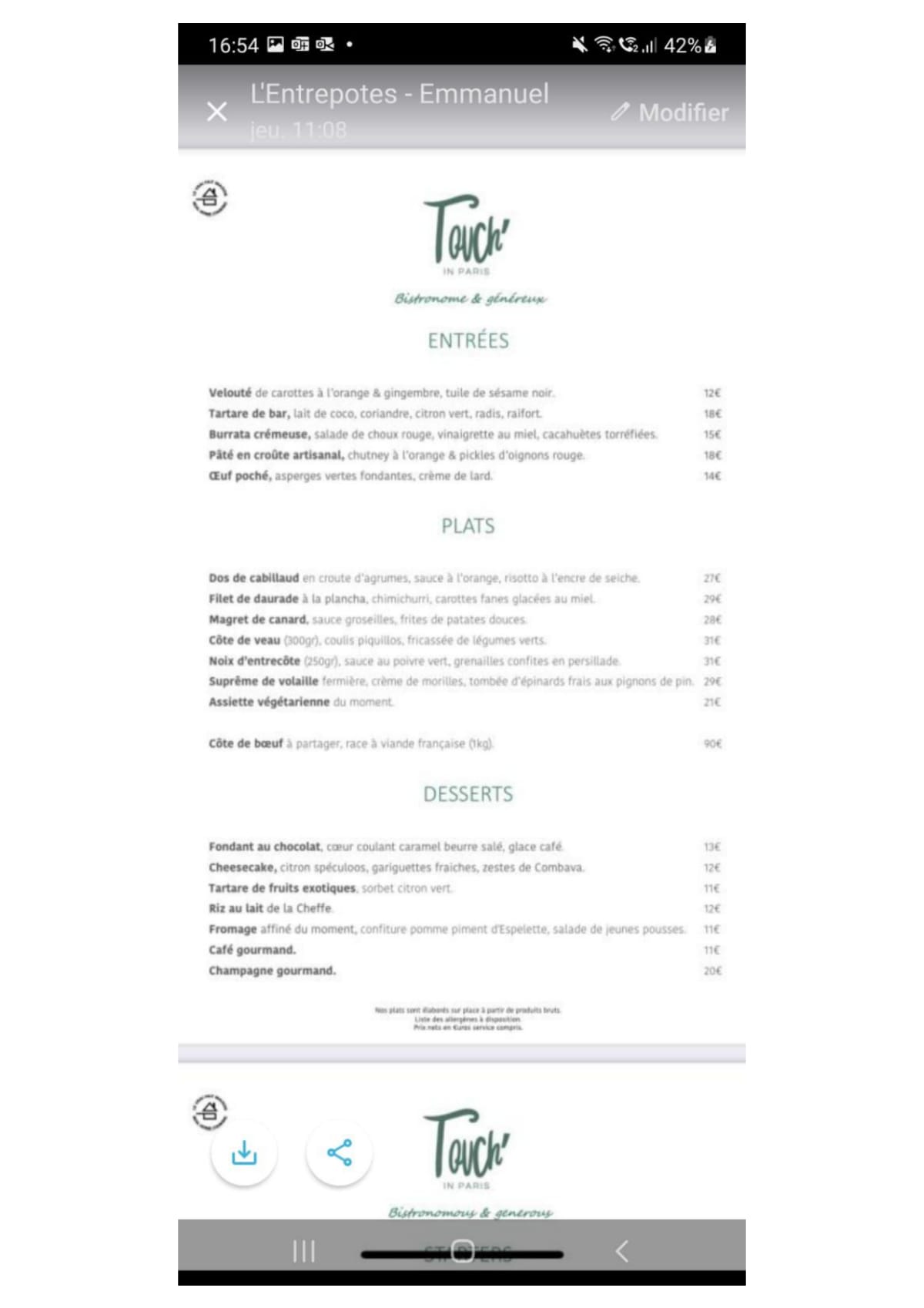 Touch In Paris menu