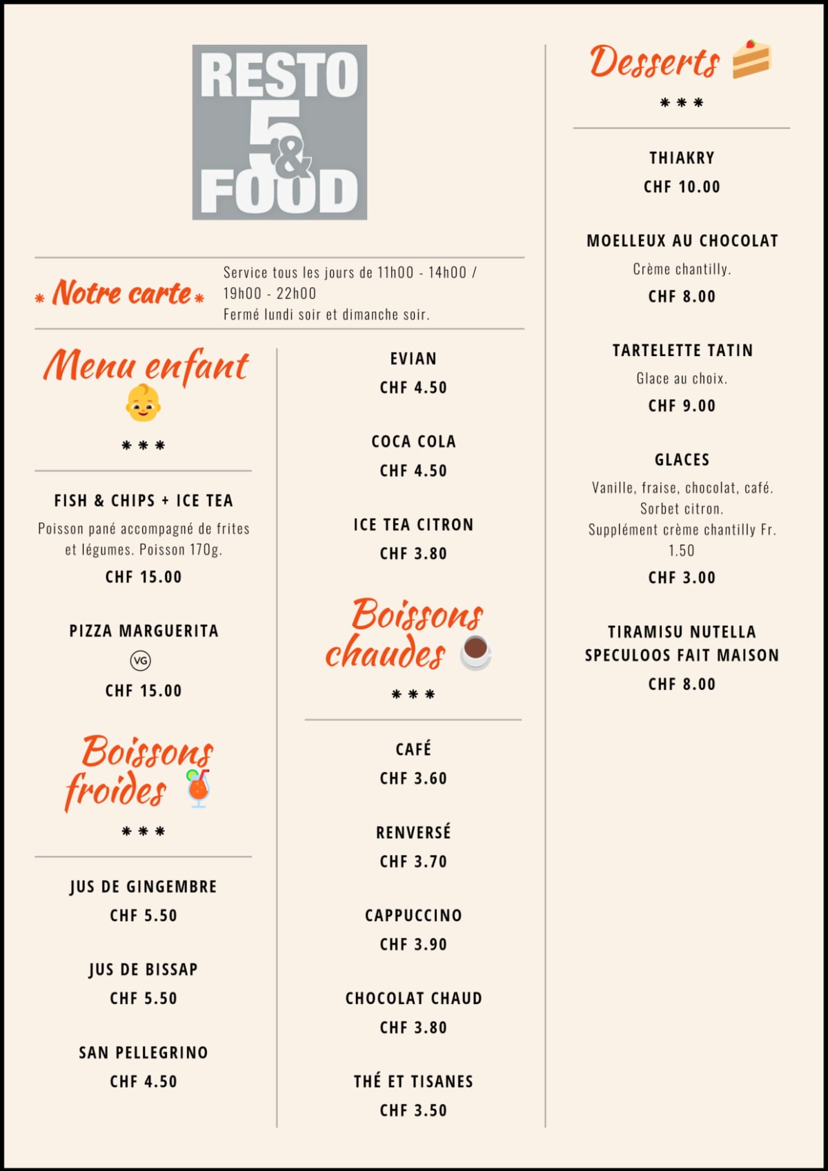 Resto 5& Food menu