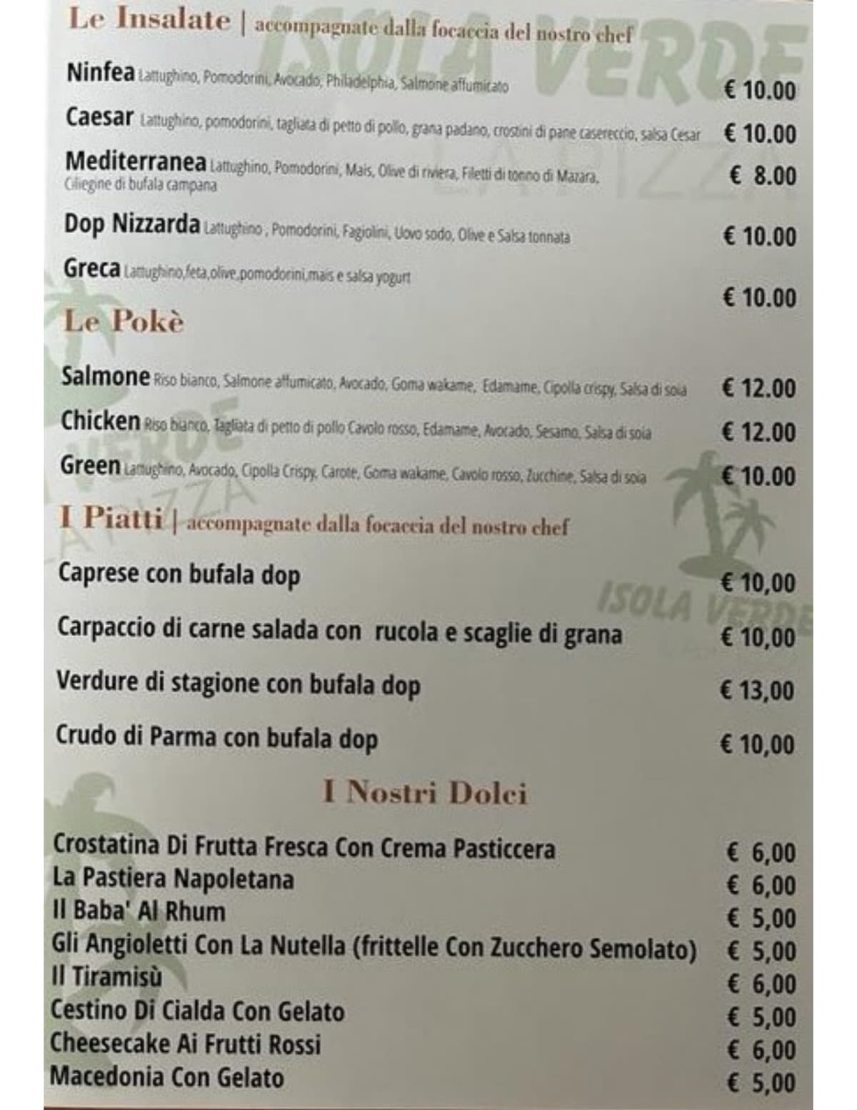 Isola Verde menu